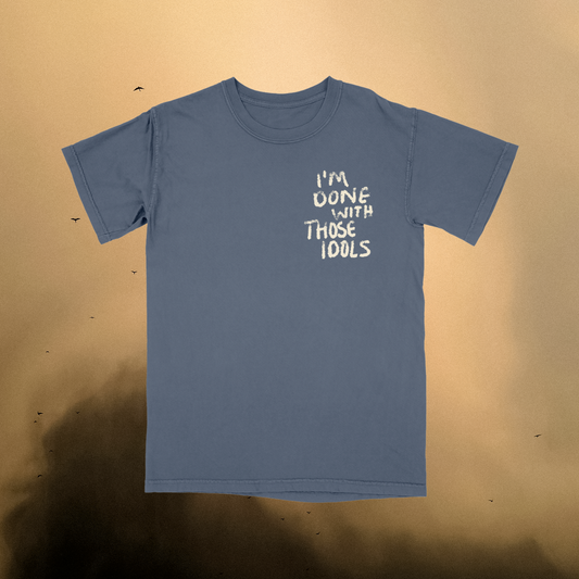 Blue t-shirt with text on a gold background