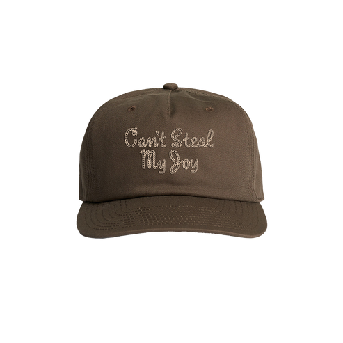 A brown baseball cap with the text 'Can't Steal My Joy' embroidered on the front.