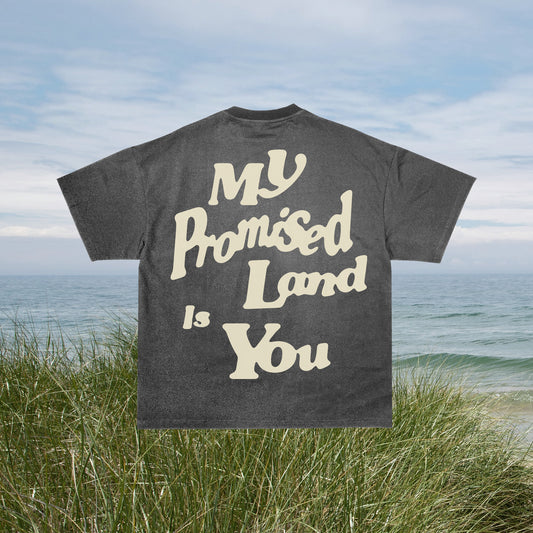 A gray t-shirt with the text 'MY PROMISED LAND IS YOU' printed on the front, displayed on a hanger against a beach backdrop.