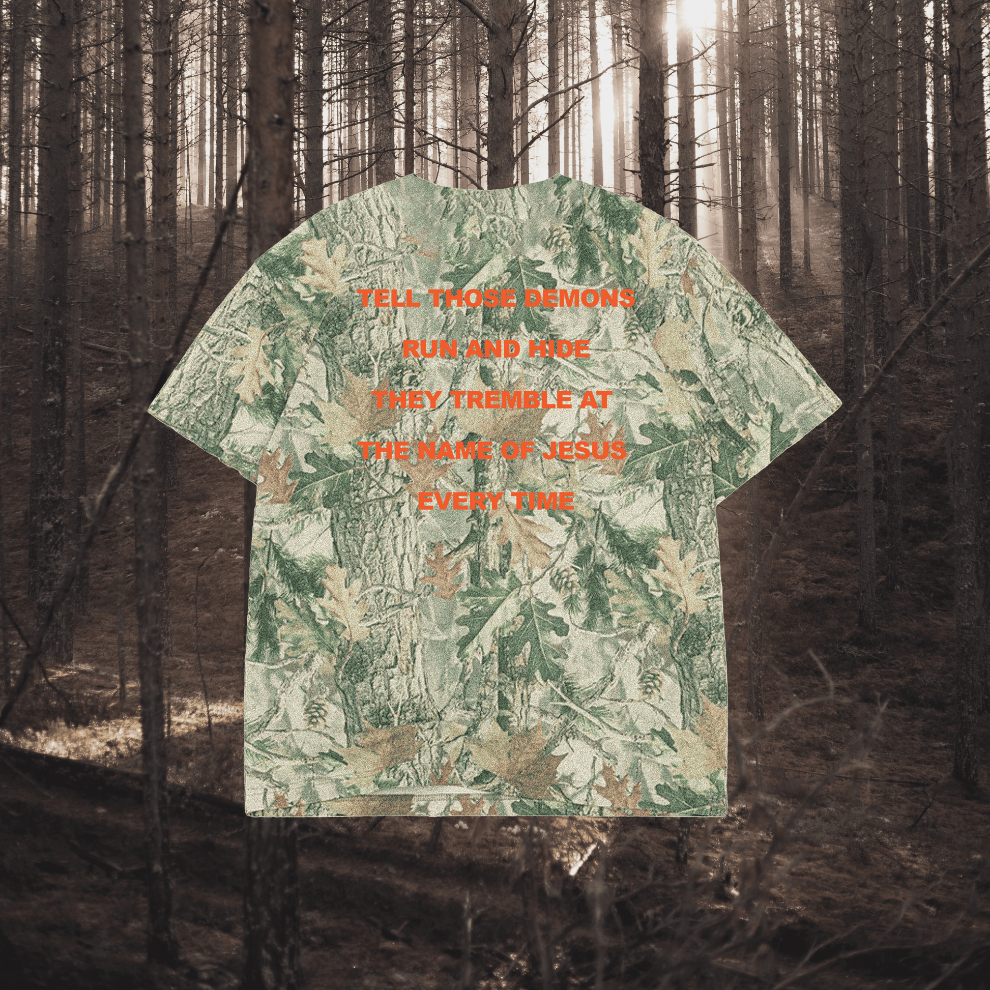 T-shirt with text design in a forest setting
