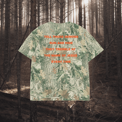 T-shirt with text design in a forest setting
