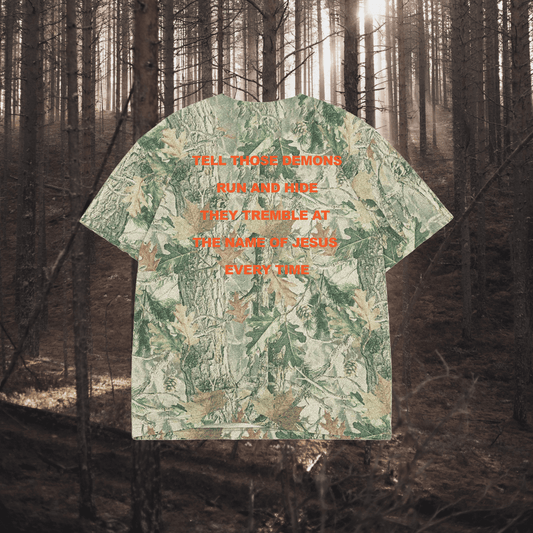 T-shirt with text design in a forest setting