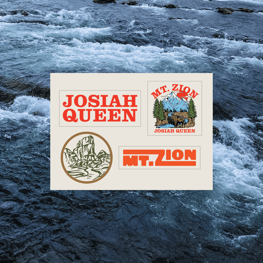 Album cover with 'Josiah Queen' and 'Mt. Zion' branding against a background of rushing water.